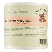 Biodegradable bamboo nappy liners roll from Happy Bear, 11.5 x 27 cm, packaging details for eco-friendly diapering.
